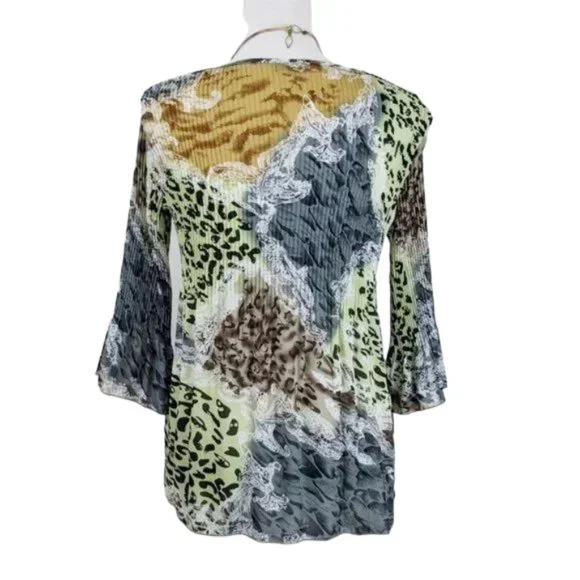 90s Y2K Bell Sleeve Animal Print Blouse Multicolor  S - Picture 3 of 9